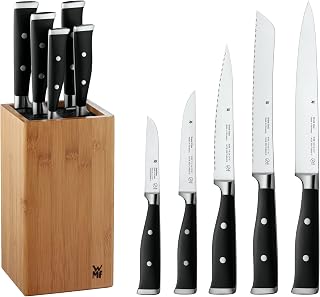 WMF Knife Block 6-Piece Grand Class Performance Cut Double Serrated Blade Made in Germany Forged Special Blade Steel - Stainless Steel Rivets Plastic Handles Knife Block Made of Bamboo