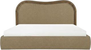 Camilla Queen Bed, Solid Ash Frame, Wave Headboard, Polyester Upholstery, No Box Spring Needed, Green