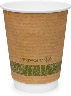 Vegware Double Wall Paper Coffee Cups, Insulated Hot Cups, 12 oz, 500 Count | Coffee tea hot beverages, Double-wall, Cafés offices foodservice, Plant-based PLA lining, Compostable, Fits 89-Series lids