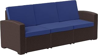 Flash Furniture Seneca Chocolate Brown Faux Rattan Sofa with All-Weather Navy Cushions
