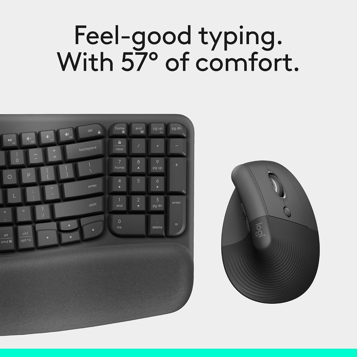 Wave Keys & Lift Vertical Mouse - Ergonomic Wireless Keyboard and Mouse Combo - with Cushioned Palm Rest by Logitech – One Size, Graphite, Model 920-013610