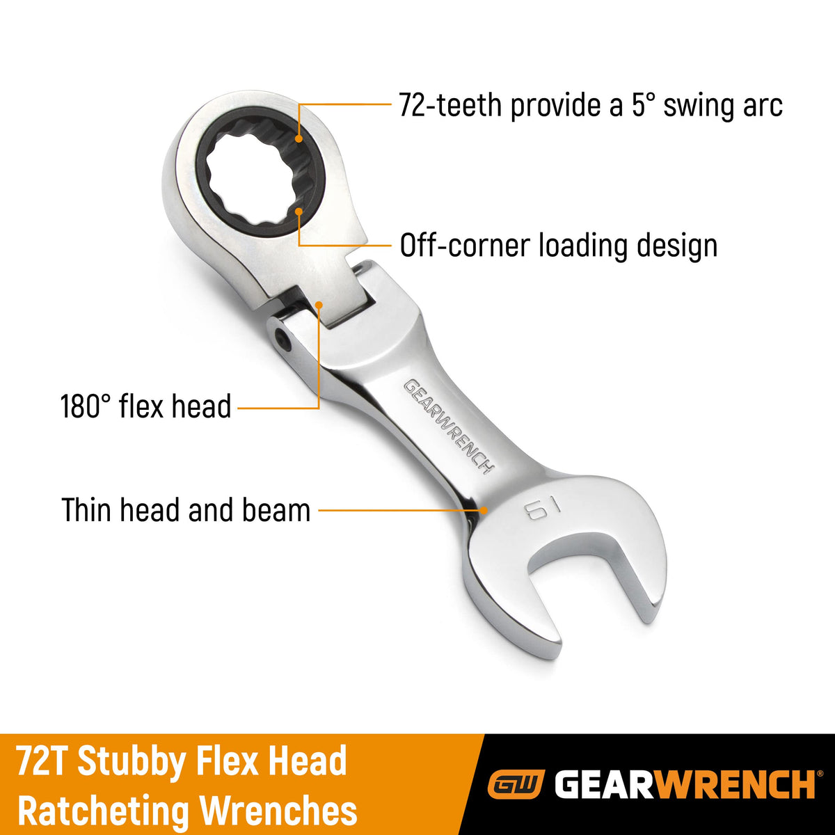 10 Pc 72T Stubby Flex Ratcheting Combination mm Wrench Set by GEARWRENCH – Alloy Steel, Solid Black, Model 9550