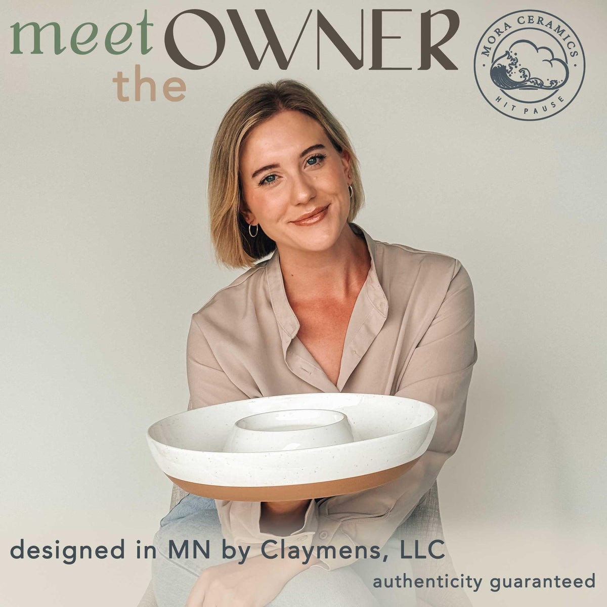 Mora Ceramic Chip and Dip Tray, Large Divided Serving Bowl, Vanilla White