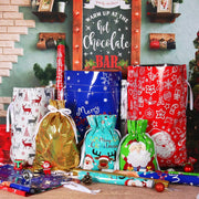 HRX Package Christmas Drawstring Gift Bags, 30 Count in 4 Sizes, Assorted Foil Designs