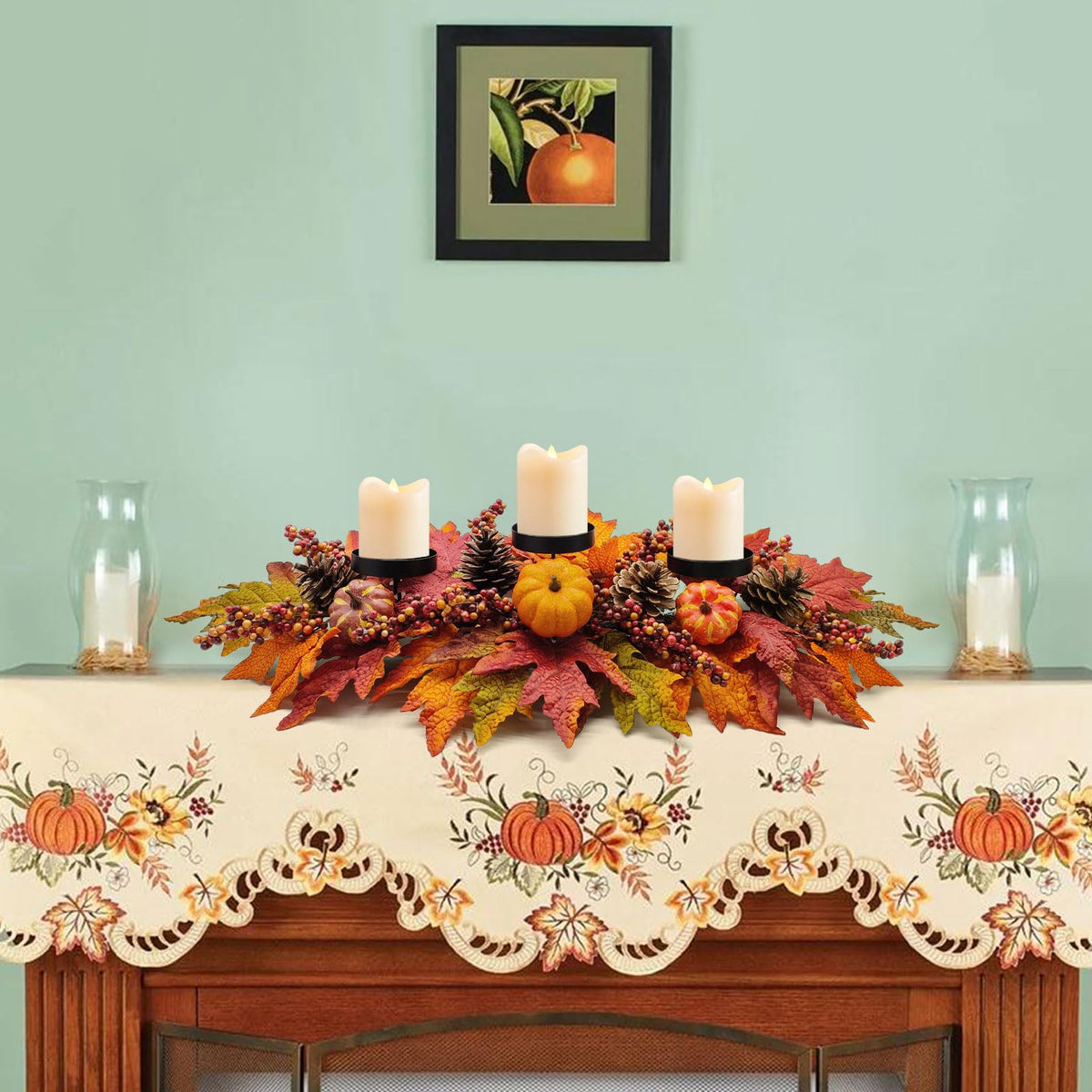 Sunnypack Fall Harvest Candle Holder, 27.5 Inch Triple Pillar, Pumpkin Pine Cone Berry