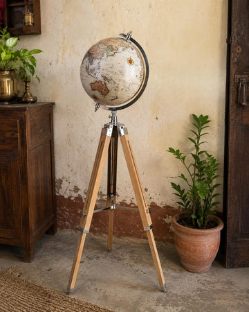 Wooden Tripod World Map Decor Explorer Home Office Accent Globe by Generic – Metal, Multicolor, Model Wtg-worldmap-001