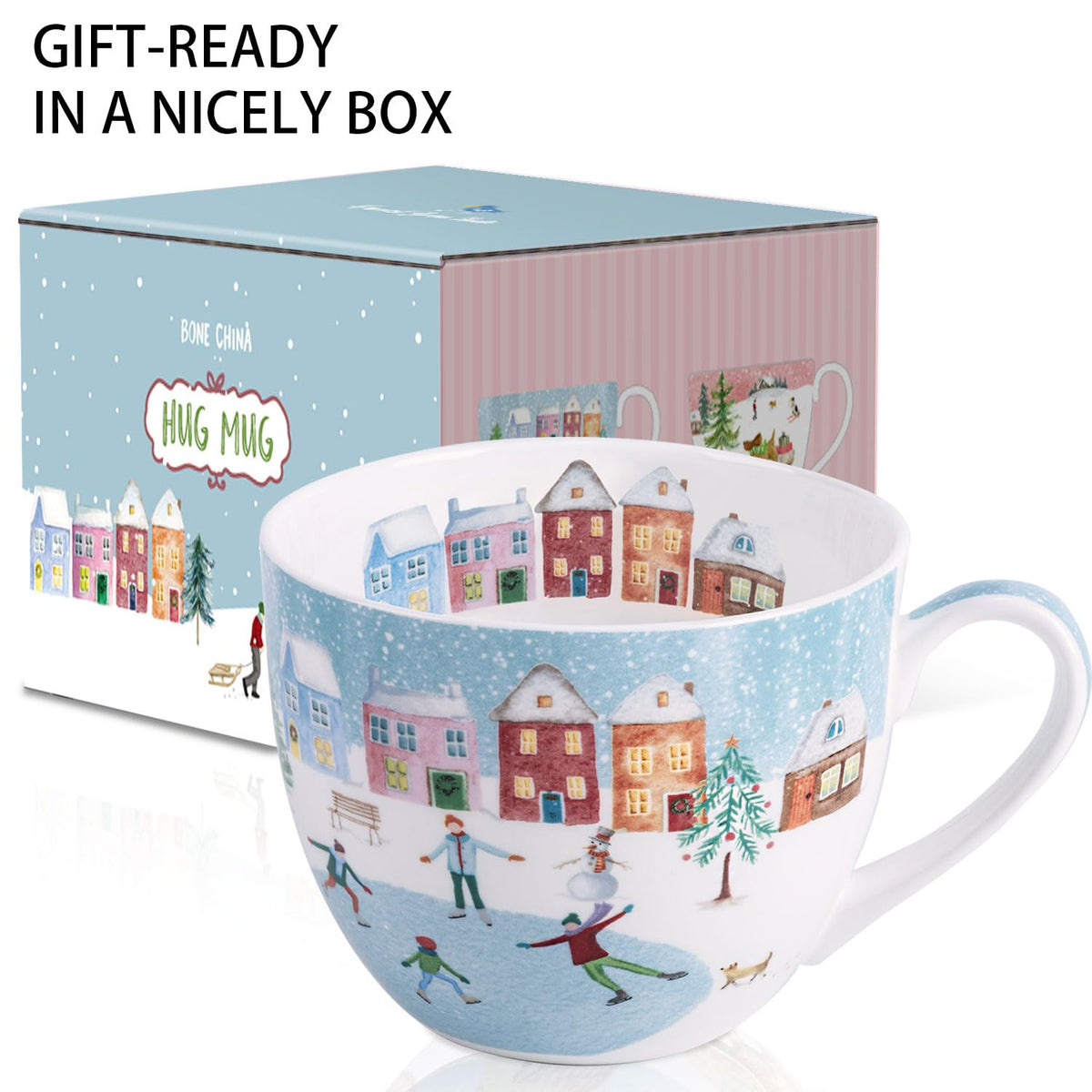 MFoffice Hug Mug, 20 Ounces Bone China, Winter Skating