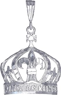 Sterling Silver King Crown Charm Pendant Necklace Diamond Cut Finish with Chain