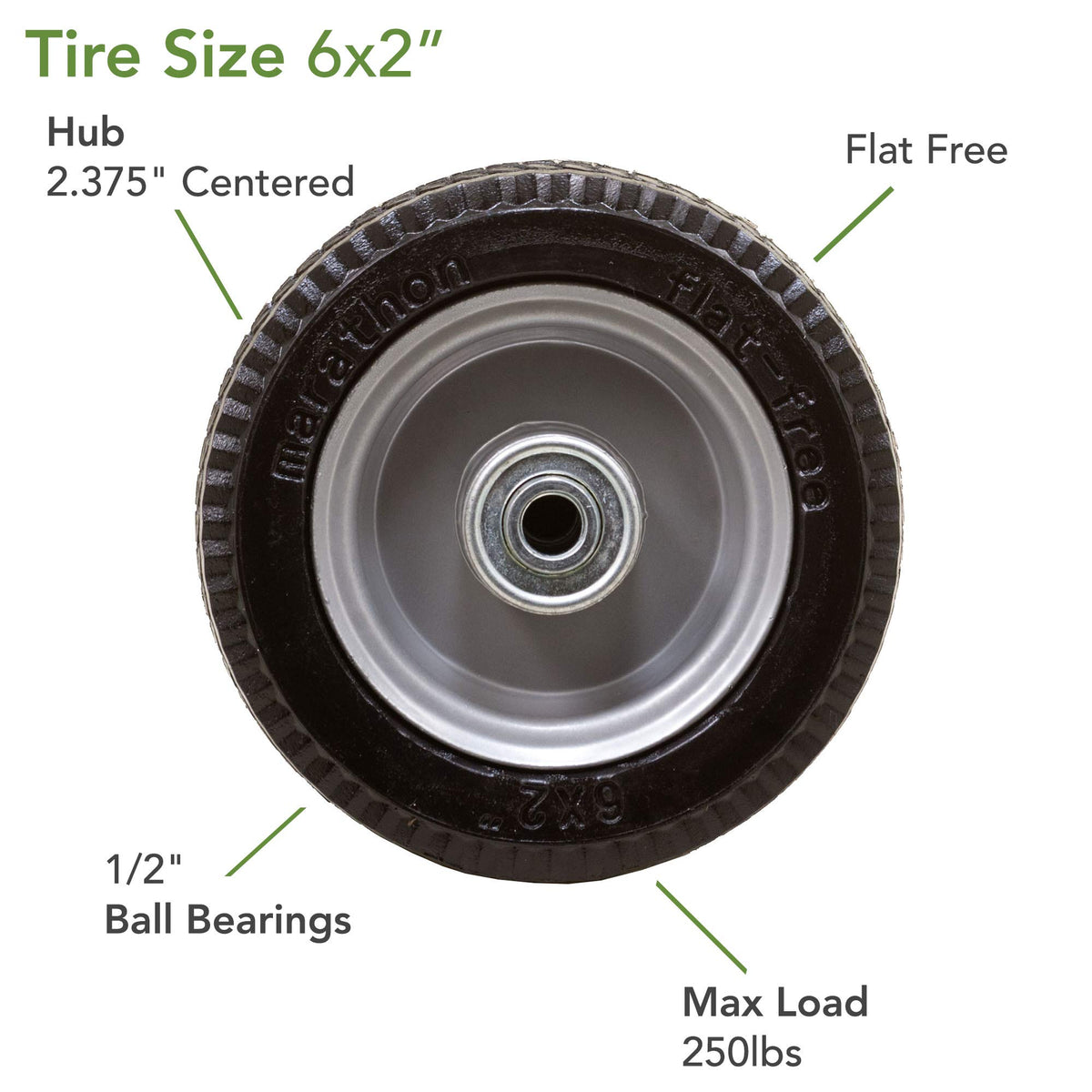 6x2" Flat Free by Marathon – 6 x 2", powder-coated steel, Gray Rim, Model 33101
