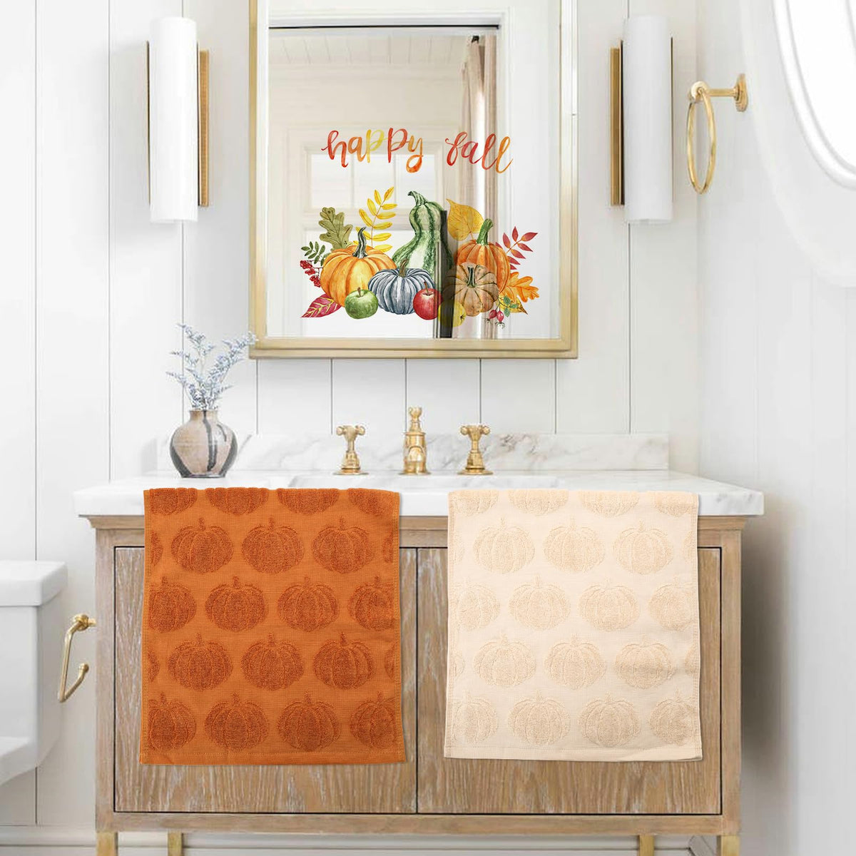 Whaline Fall Hand Towels, 3 Piece Set, Pumpkin Jacquard, Beige Orange Brown