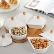 Yarlung Ceramic Divided Serving Set with Lids, 5 Removable Bowls on 10-Inch Bamboo Platter, Brown White