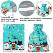 HRX Package Christmas Drawstring Gift Bags, 30 Count in 4 Sizes, Assorted Foil Designs