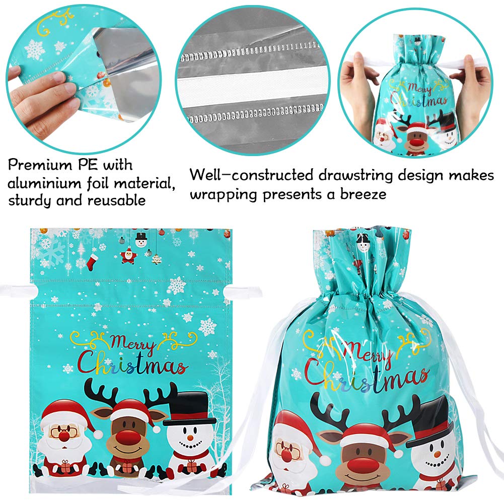 HRX Package Christmas Drawstring Gift Bags, 30 Count in 4 Sizes, Assorted Foil Designs