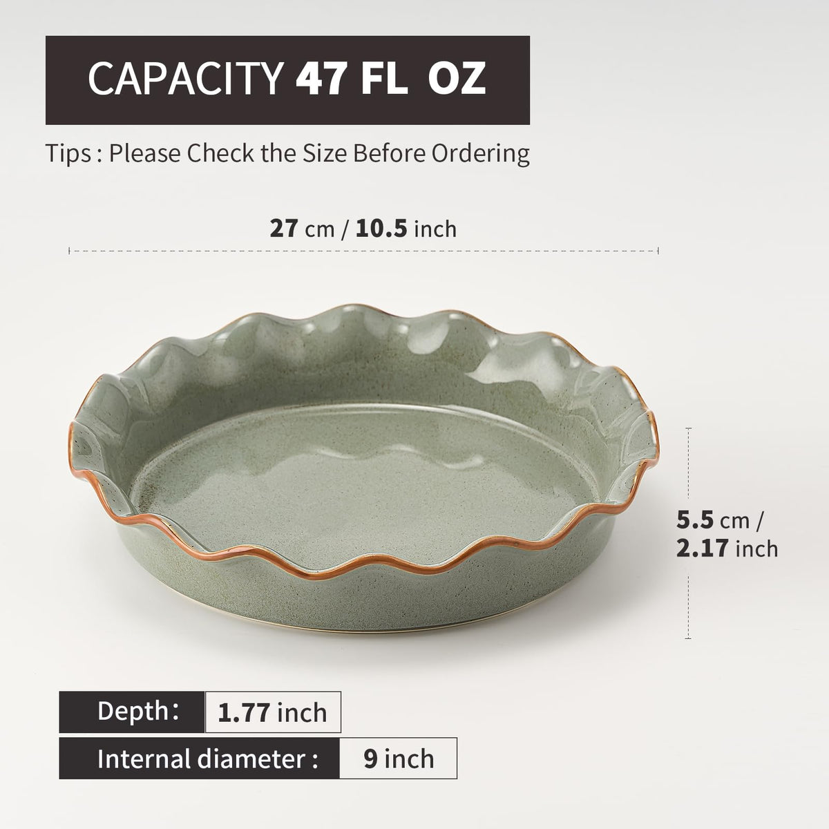 Siducal Ceramic Pie Pan, 10.5 Inch Deep Dish, Green