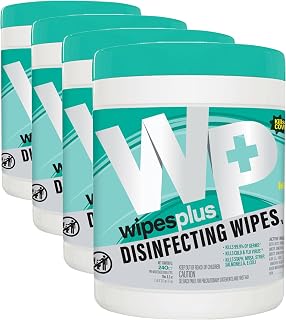 WIPESPLUS Disinfecting Surface Wipes Canister Bleach Free with Lemon Scent for Home and Business, 240 Count (Pack of 4)