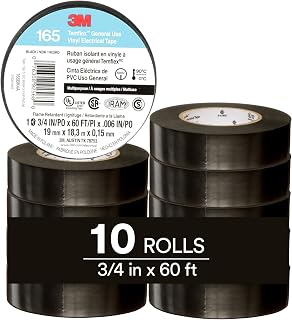 3M Temflex Vinyl Electrical Tape 165, 3/4 in x 60 ft, Black, 10 Roll Pack | Multi-Purpose, 19 mm x 18 m