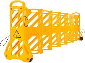 Global Industrial 12'L Extendable Mobile Barrier with Reflective Stripes, Yellow