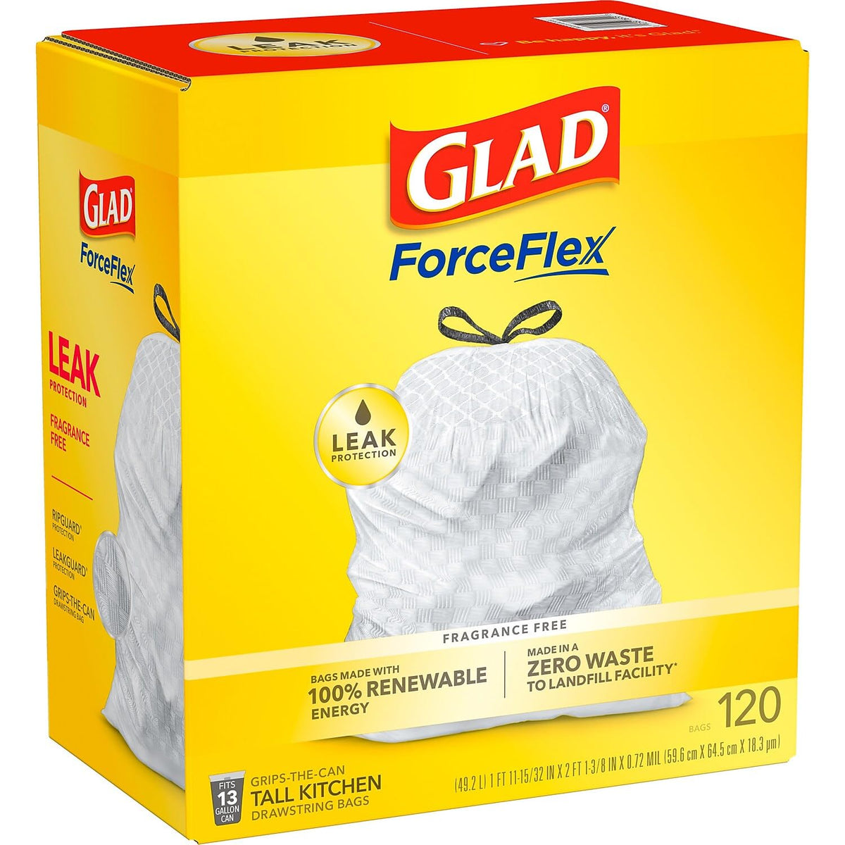 CLO78564 - ForceFlex Tall Kitchen Drawstring Trash Bags by Glad – 120 Count (Pack of 1), 13.0 gallons, Plastic, White
