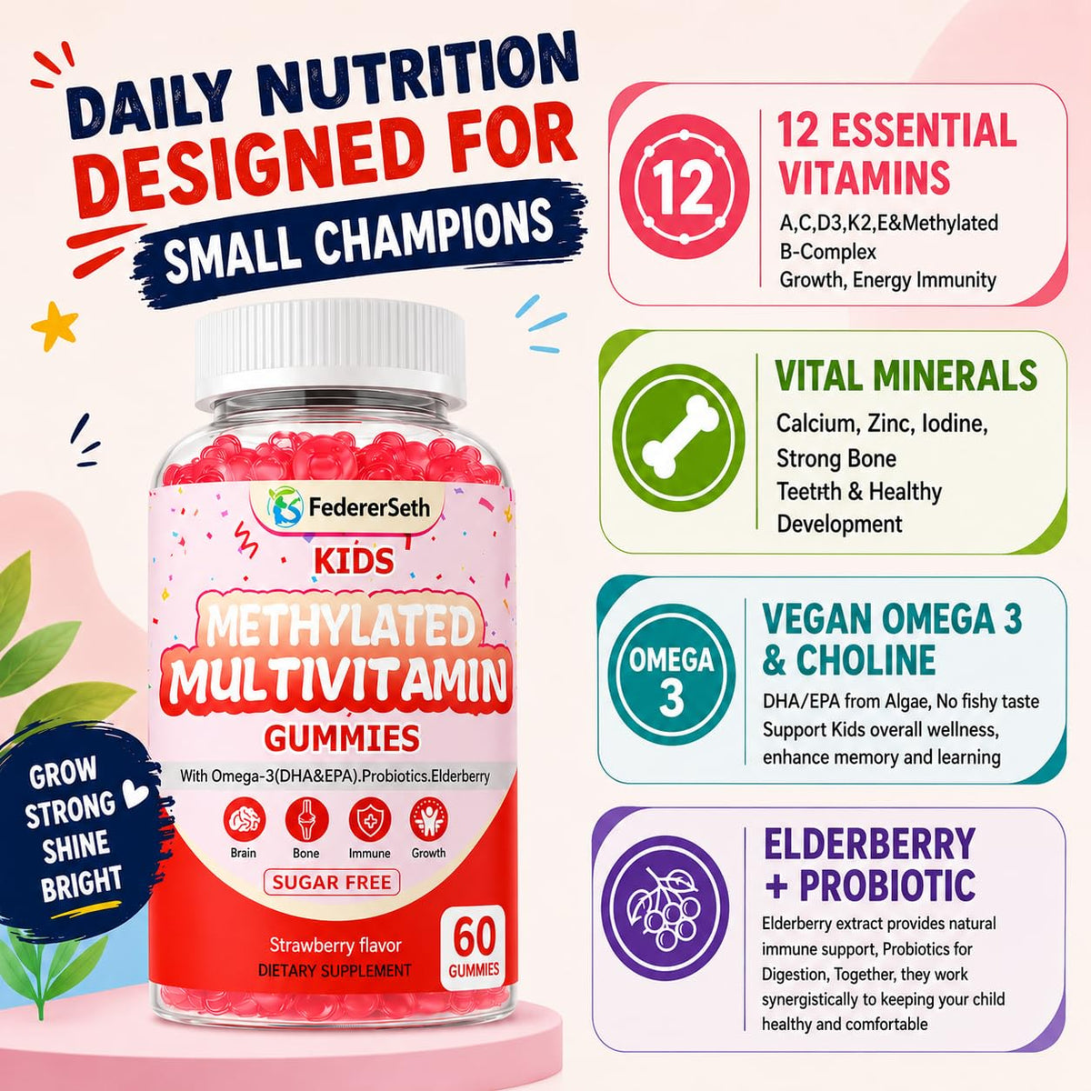 (2 Pack) Methylated Multivitamin Kids Gummies + Omega by FedererSeth – 60 Count (Pack of 2)