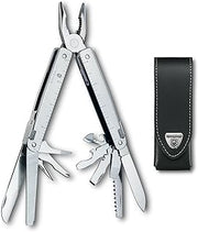 Victorinox Swiss Tool 26-Function Multi-Tool with Leather Pouch - Silver | Compact Swiss Army pocket tool with wire cutter and metal saw. Durable stainless steel design for extreme functionality.