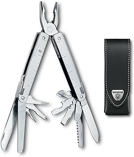 Victorinox Swiss Tool 26-Function Multi-Tool with Leather Pouch - Silver | Compact Swiss Army pocket tool with wire cutter and metal saw. Durable stainless steel design for extreme functionality.