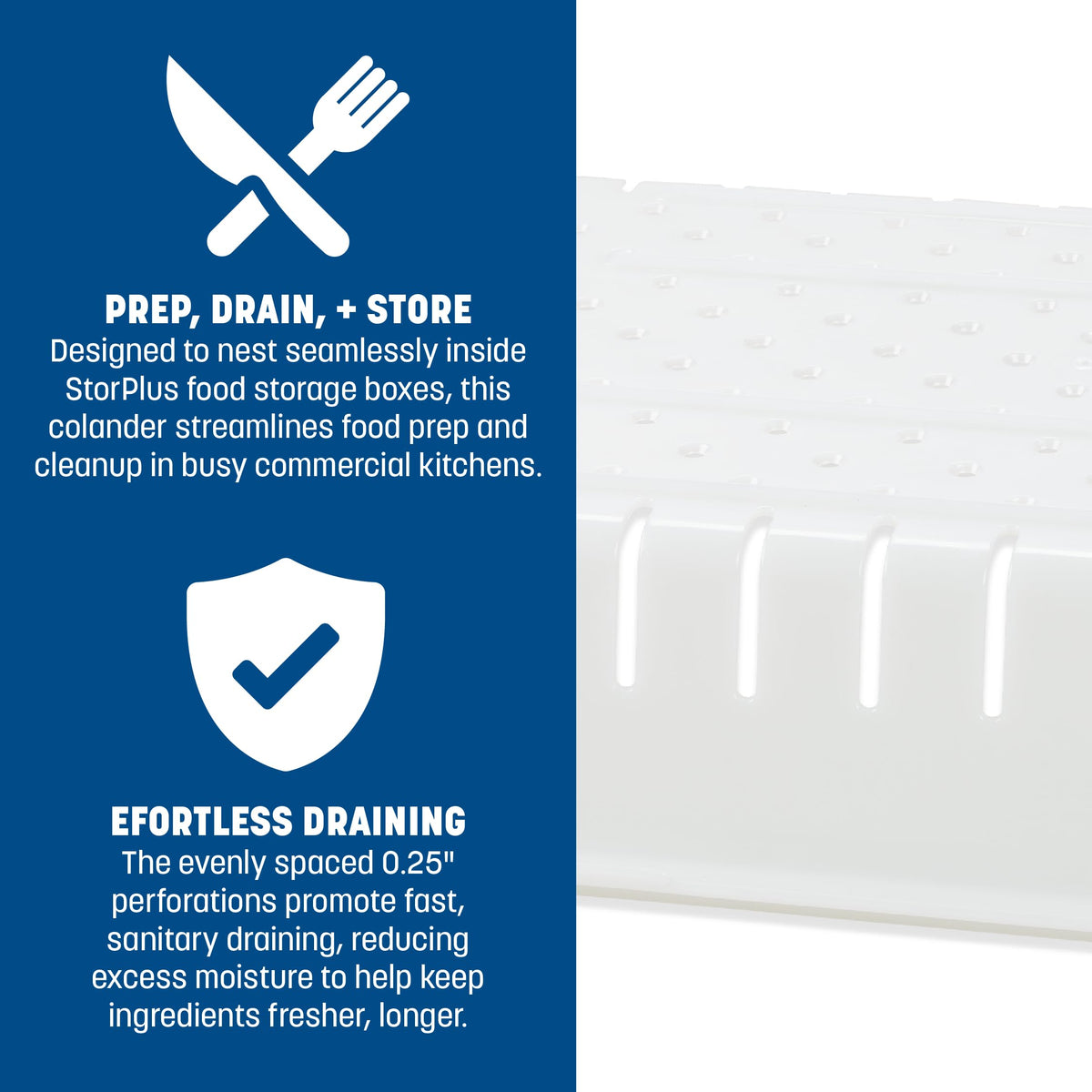 Storplus Food Storage Container Colander with Stackable Design for Catering by Carlisle FoodService Products – 26 x 18 Inches, 0.0 ounces, Plastic, White, Model 10648