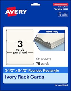 Avery Printable Rectangle Rounded Rack Cards, 3.5" x 8.5", Matte Ivory, Laser/Inkjet Compatible, 75 Total, Ideal for Packaging, Displays, and Business Use