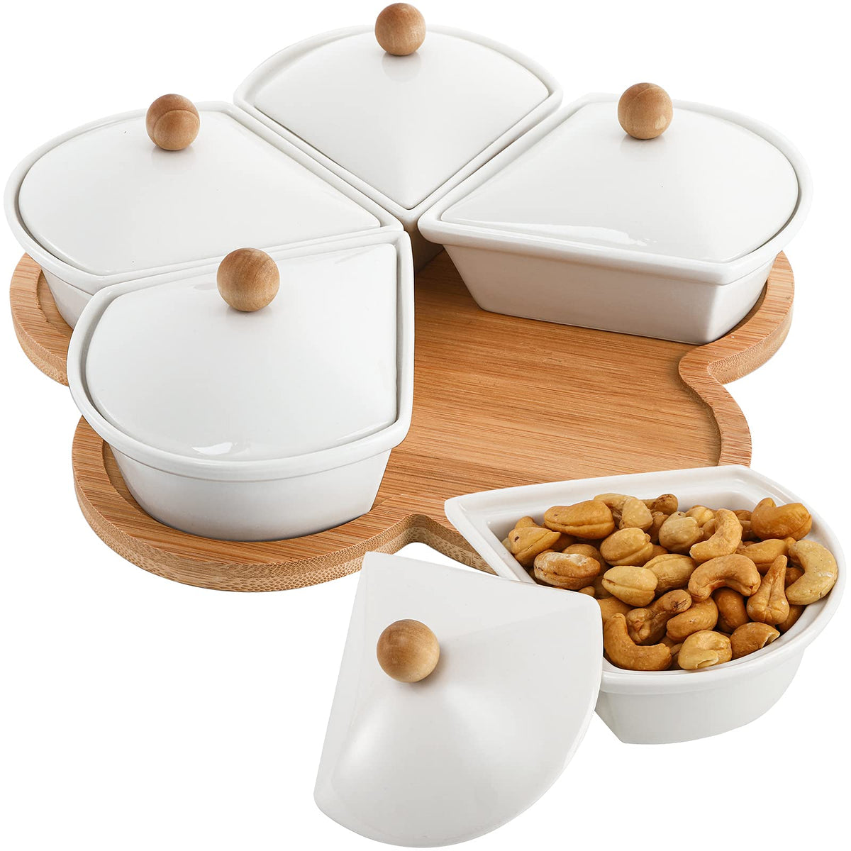 Yarlung Ceramic Divided Serving Set with Lids, 5 Removable Bowls on 10-Inch Bamboo Platter, Brown White