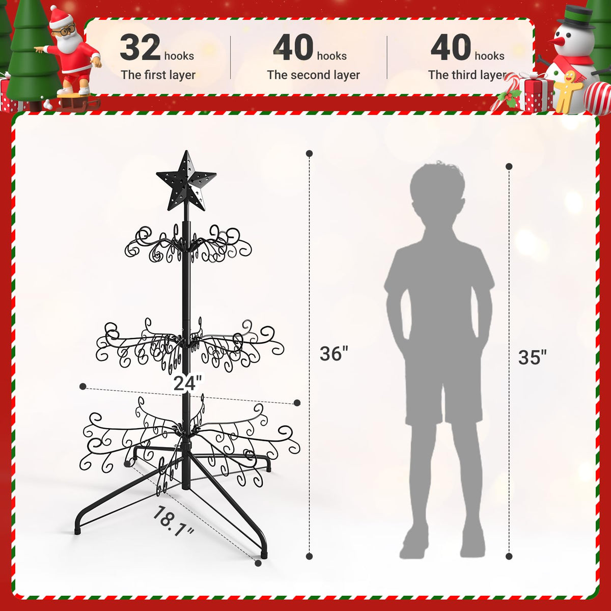 Elyken Ornament Display Stand Tree, Metal Freestanding Rack, 3 FT Black