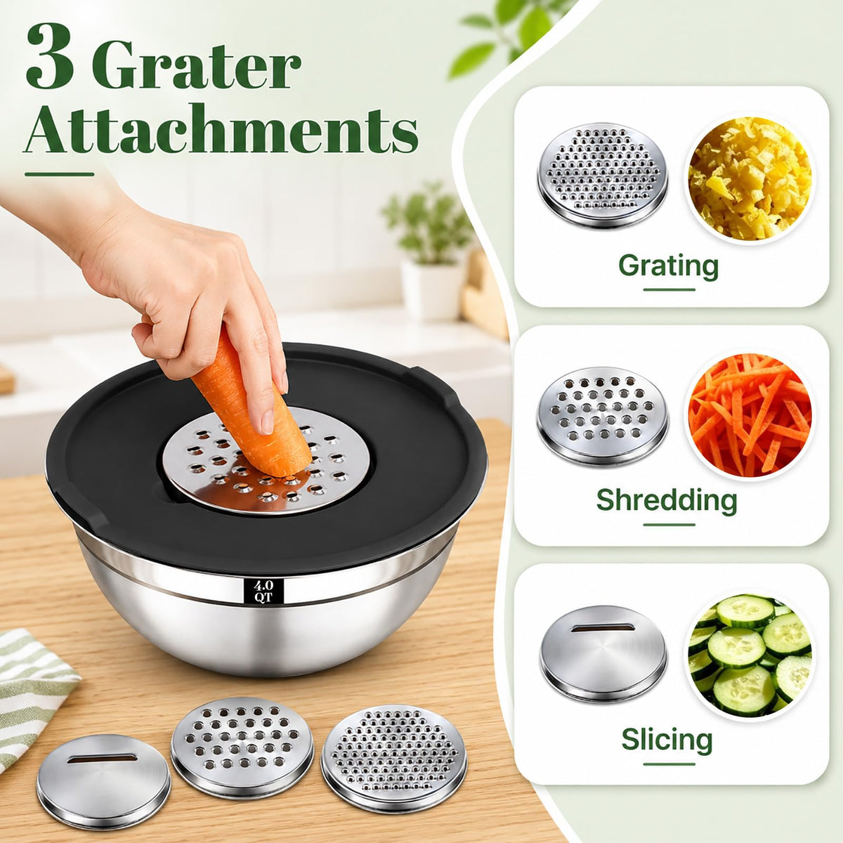Boskermeal Mixing Bowl Set with Graters and Lids, 1.5 to 4.5 QT, Black