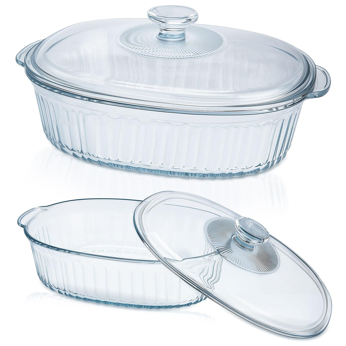 KAKO Glass Casserole Set, 1.9 and 3 Quart Oval Bakeware with Lids, Clear