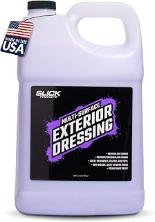 Slick Products Multi-Surface Exterior Dressing for Trim & Tires - 128 oz | Renews faded trim; tire dressing for a silky non-greasy shine; protects plastic, vinyl & rubber; fresh grape scent
