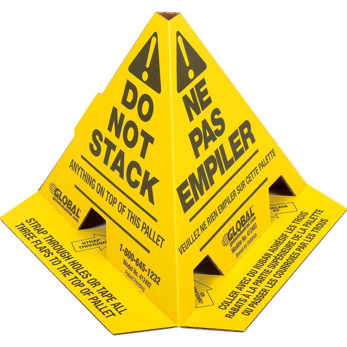 Trilingual "Do Not Stack" Printed Pallet Cones by Global Industrial – 8 x 8 x 10, Corrugated Cardboard, Yellow, Model 412402