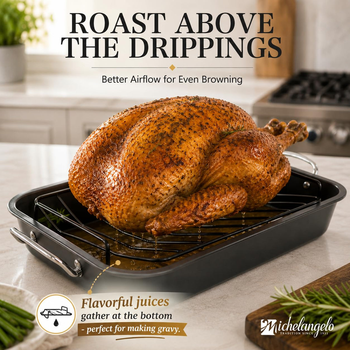 Michelangelo Roasting Pan with Rack, Carbon Steel, Gray
