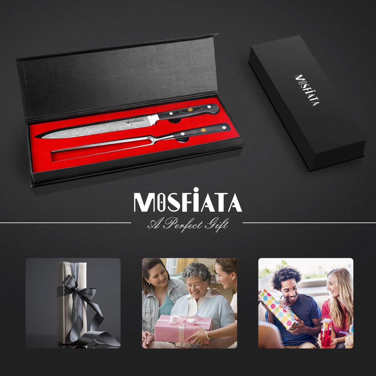 MOSFiATA Carving Knife and Fork Set, 8 Inch Blade with 7 Inch Fork, Silver