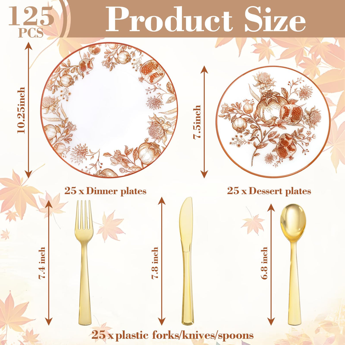 Joyido Thanksgiving Plastic Plates, Pomegranate Design, 125 Piece Set