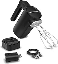KitchenAid Go Cordless Hand Mixer, battery included, KHMR762 | Cordless, 7 Speed Settings, Soft Start Feature, Stainless Steel Beaters, Battery Included, Black Matte