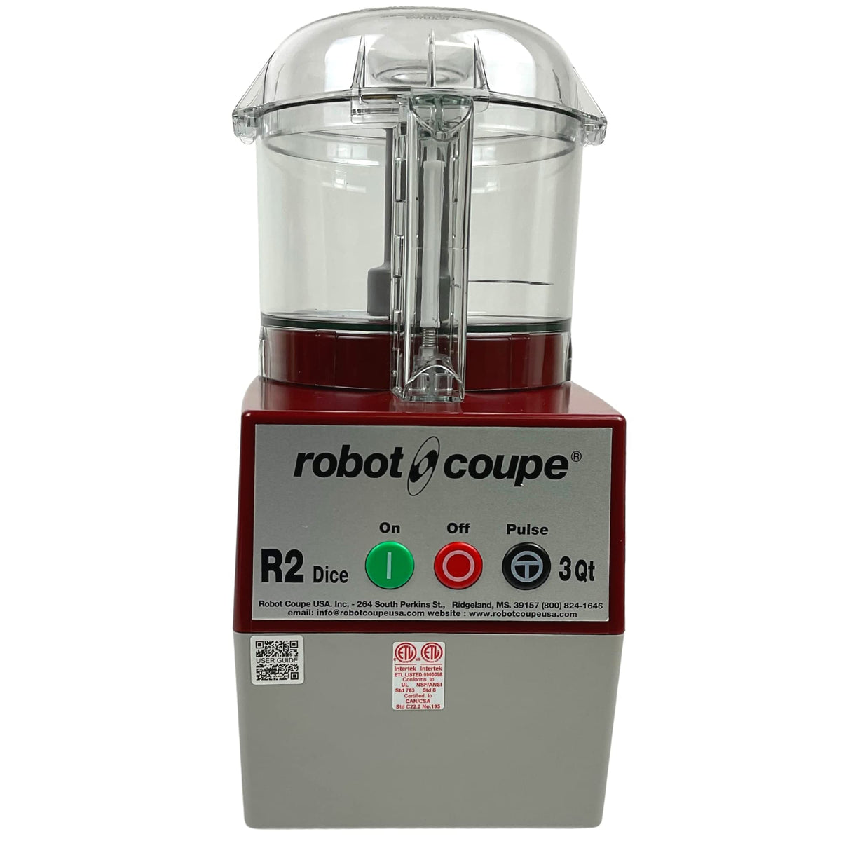 R2CLRDICE, Combination Food Processor with 3 Quart Clear Polycarbonate Bowl, 4 Stainless Discs, Pulse Control, 120v, 1725 RPM, Vegetable Chopper, Gray/Red, Commercial Kitchen Use