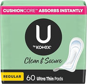 U by Kotex Ultra Thin Pads, Clean & Secure, Regular Absorbency, 60 Count (Packaging May Vary)