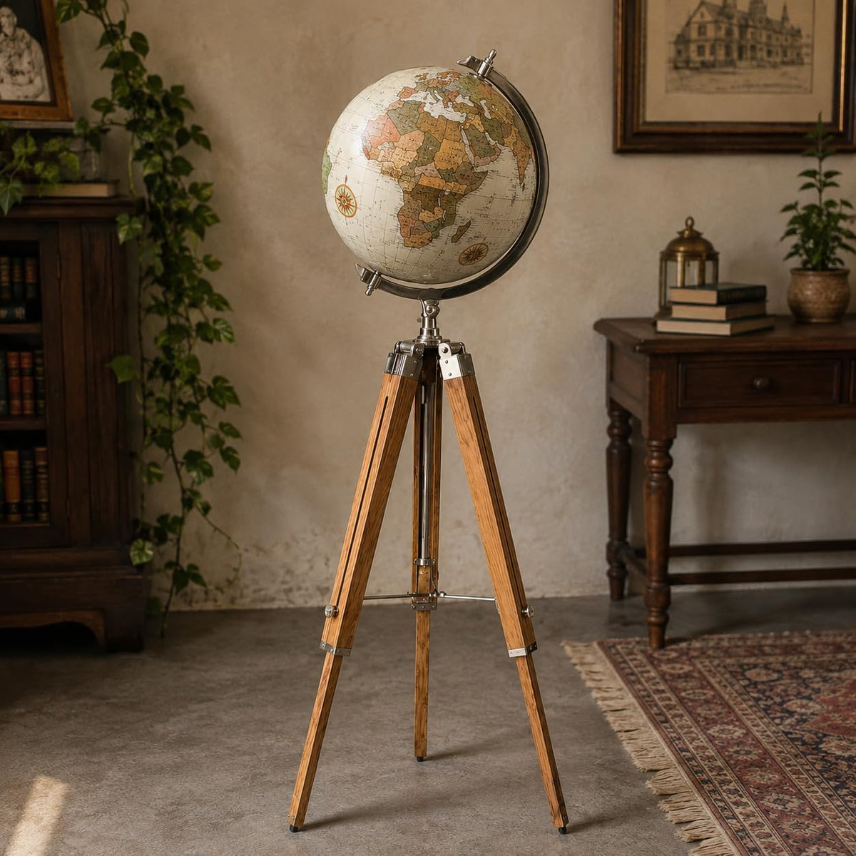 Wooden Tripod World Map Decor Explorer Home Office Accent Globe by Generic – Metal, Multicolor, Model Wtg-worldmap-001