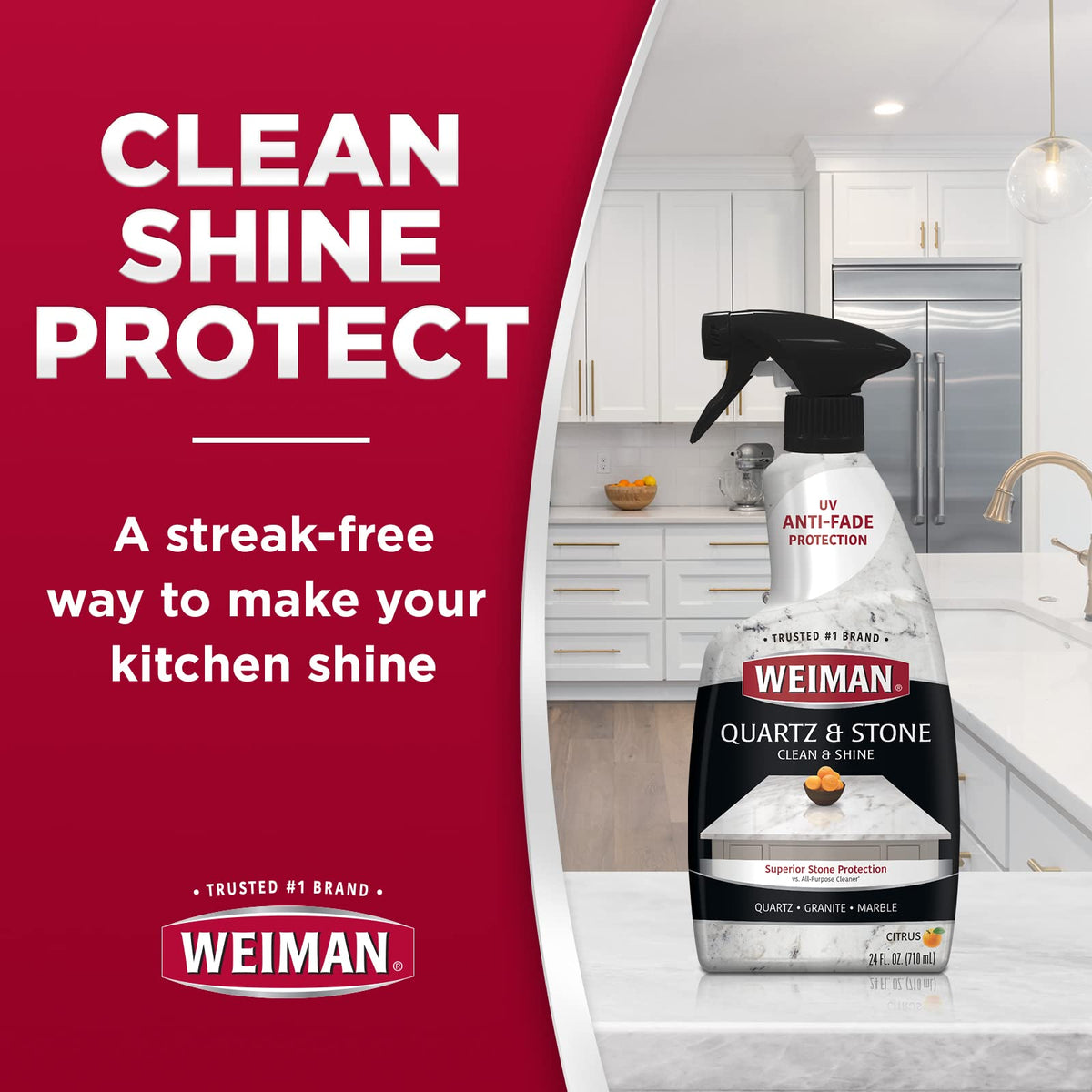 Quartz Countertop Cleaner and Polish - 24 Ounce - Clean and Shine Your Quartz Countertops Islands and Stone Surfaces with Ultra Violet Protection by Weiman – 1 Count (Pack of 1)