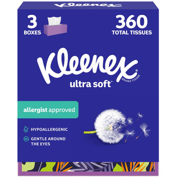 Ultra Soft Facial Tissues by Kleenex – 120 Count (Pack of 3), Paper, White, Pack of 3, Model 54314