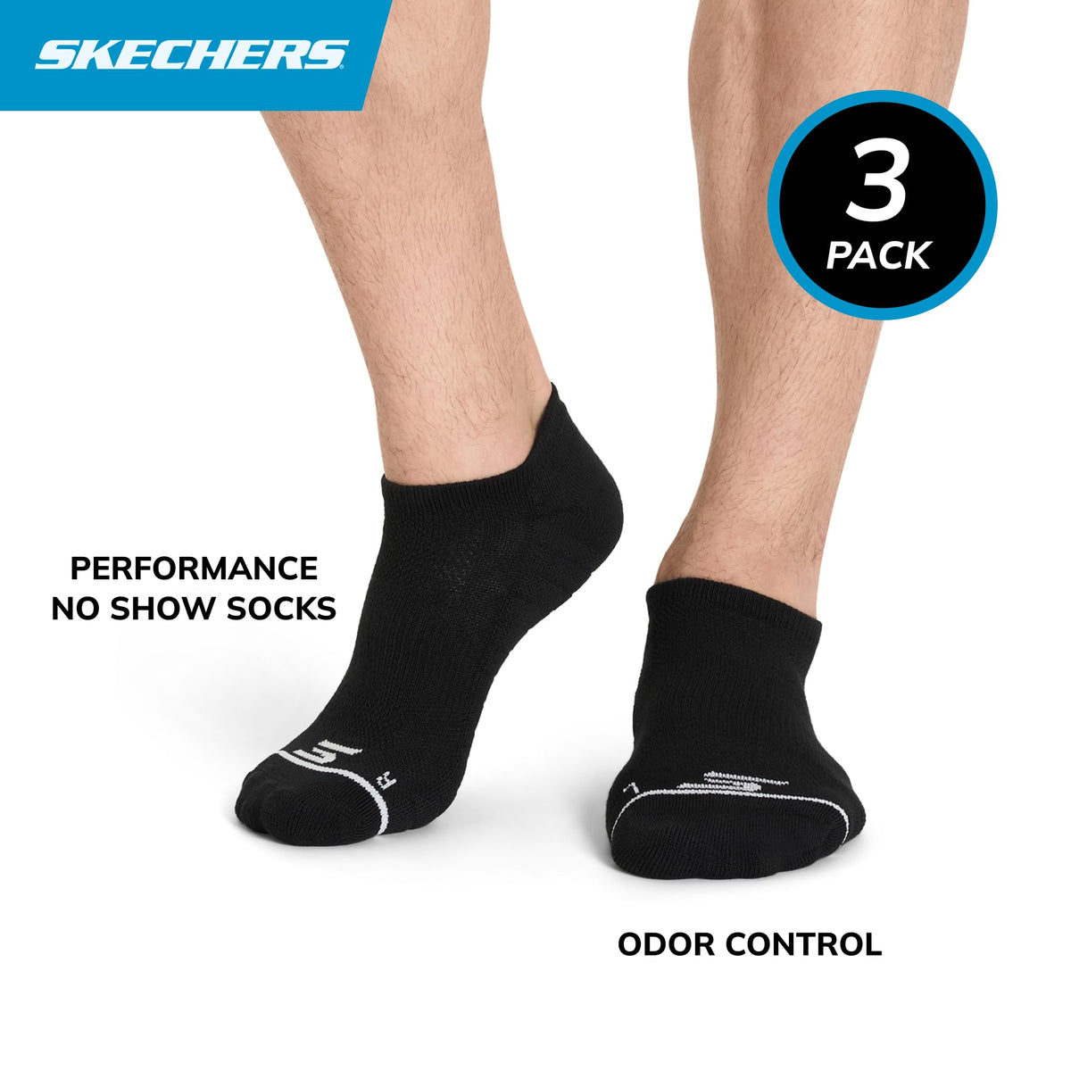 Men's 3-Pack Performance Pickleball No Show Socks by Skechers – Polyester Blend, Black, Model S118146HP