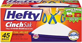 Hefty Tall Kitchen Drawstrings Bags, Odor Block Scent Free 13 Gallon 45 Ea (Pack of 6)