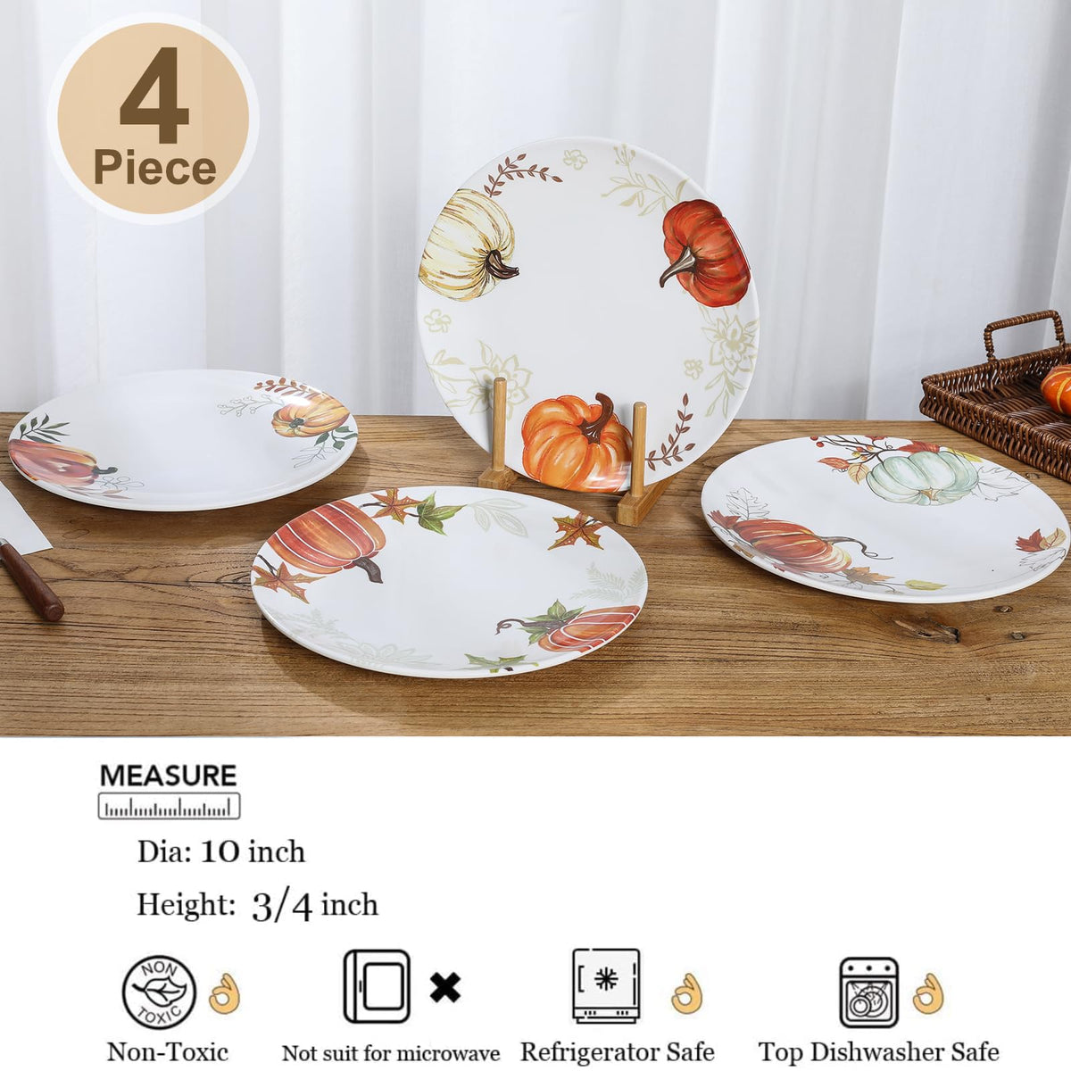 Webbylee Melamine Dinner Plates, 10 Inch Set of 4, Pumpkin Design