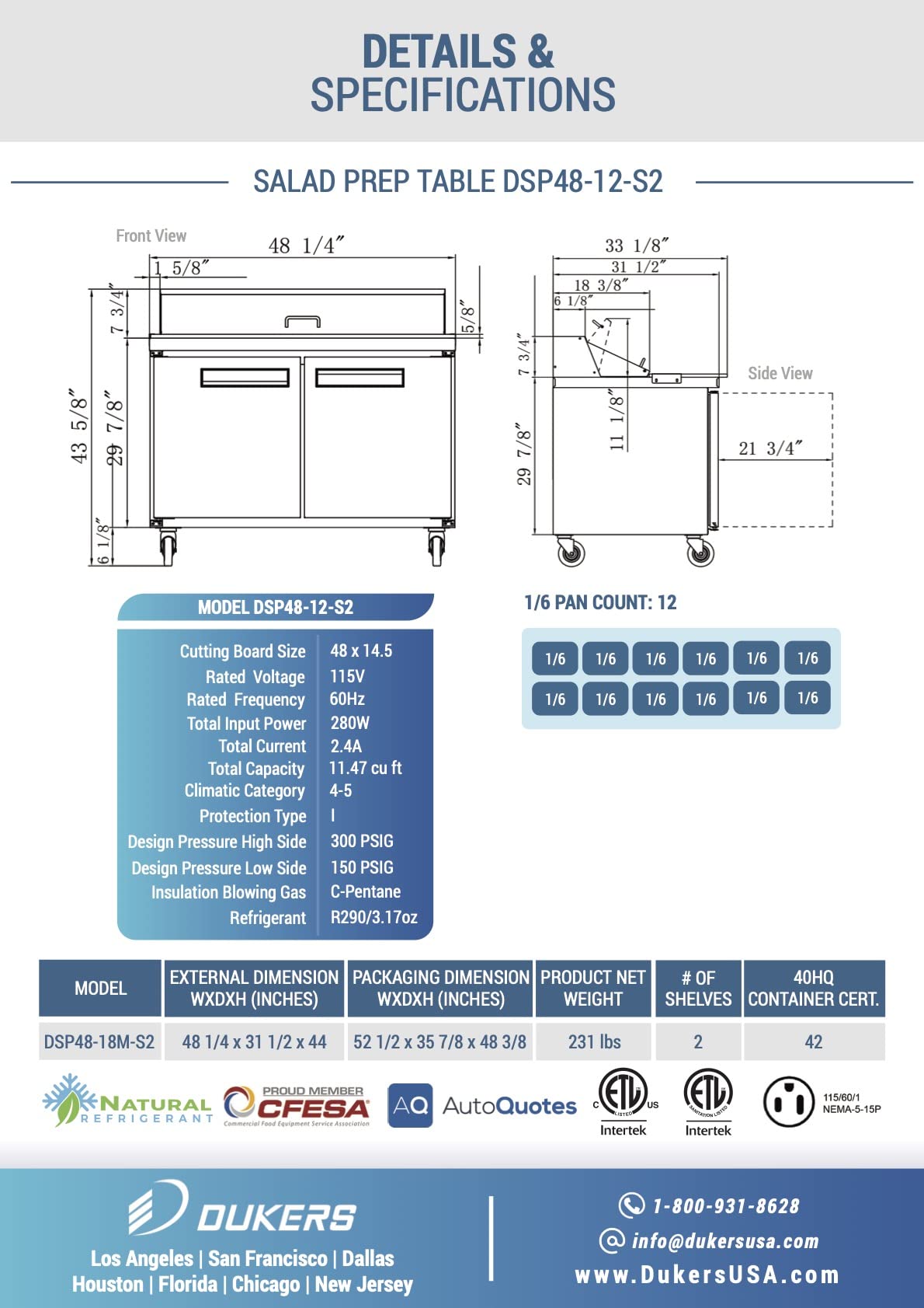 11.4 cu. ft. 2-Door Commercial Food Salad Sandwich Prep Table Refrigerator 48" inch by Dukers – medium, 11.47 cubic_feet, Stainless Steel, Model DSP48-12-S2