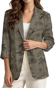 Women's One Button Linen Like Blazer 3/4 Sleeve Suit