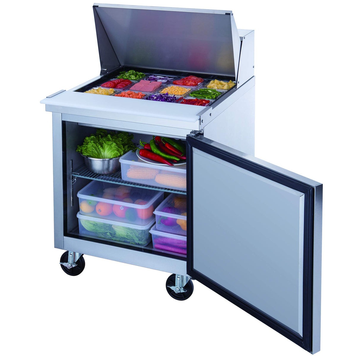 6.5 cu. ft. Single Door Commercial Food Prep Table Refrigerator with Mega Top by Dukers – 29″ x 31 1/2” x 45 5/8″, 6.5 cubic_feet, Stainless Steel, Model DSP29-12M-S1