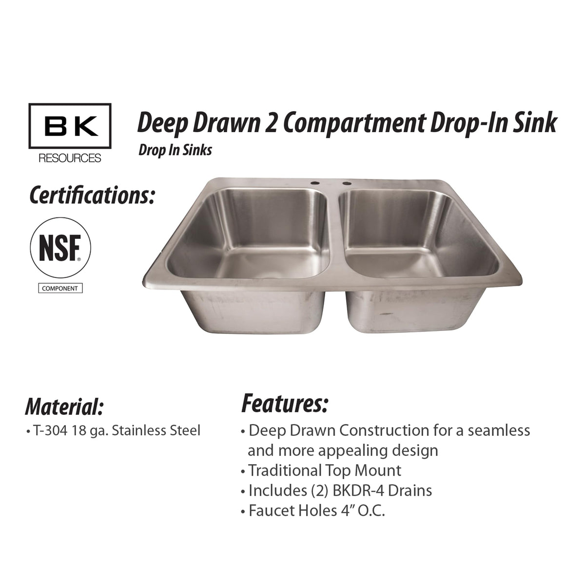 BK Resources NSF Commercial 2 Compartment Drop in Sink – 30 Inches, Stainless Steel, Silver, Model DDI2-14161024