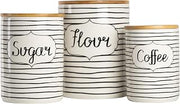 10 Strawberry Street Labeled Ceramic Kitchen Canister Set, Set of 3, Coffee Sugar Flour, White/Black, Bamboo Lids